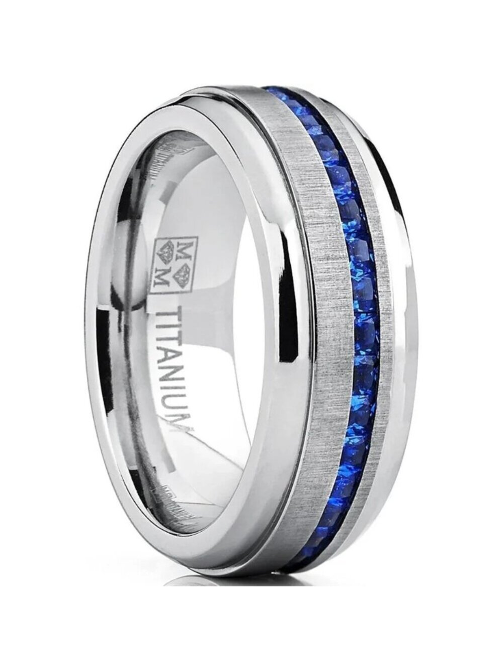 Men's Eternity Titanium Wedding  Band Engagement Ring W/Blue Simulated